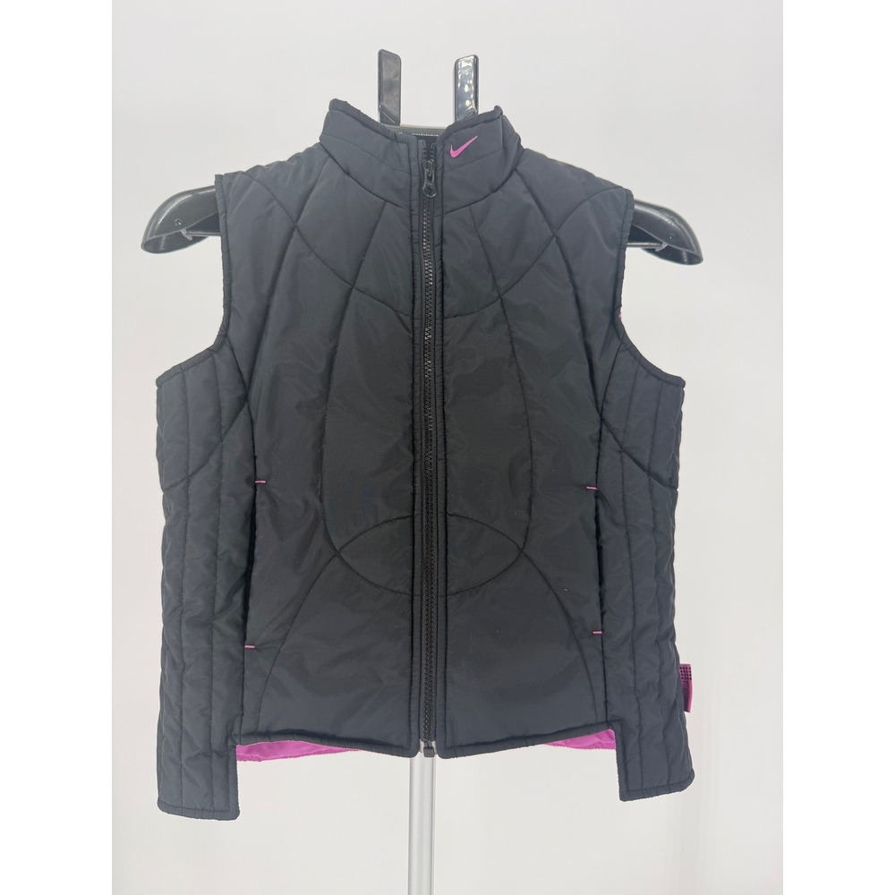 Nike Kids Quilted Puffer Vest Black‎ Pink Logo Zip Up Sleeveless Jacket Size L